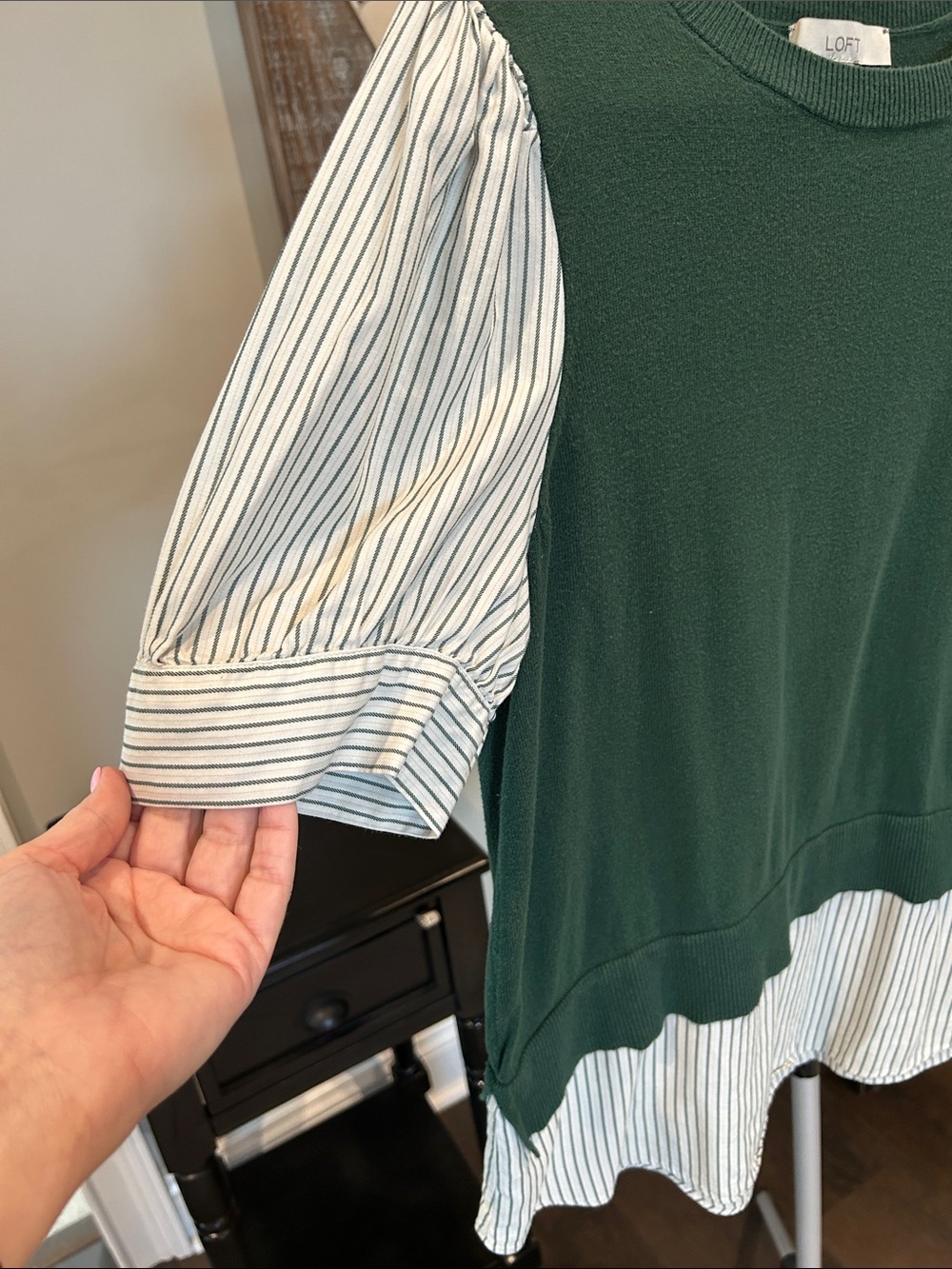 LOFT Dark Green Layered Pullover with Striped White Sleeves/ Size Large - Picture 2 of 6